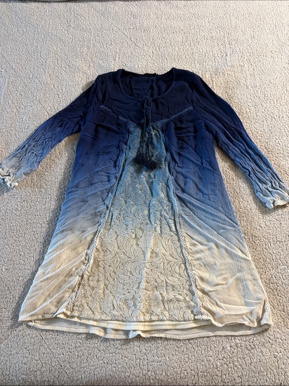 Blu Pepper Bohemian Blue to Cream Ombre Lace-Panel Tunic Medium
